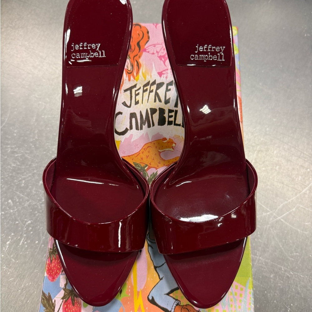 Jeffrey Campbell Burgundy Patent Open-Toe Slide Heels